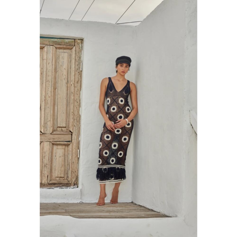 Carolina K Kea Navy Blue Daisy Flower Floral Crochet Maxi Dress Size XS